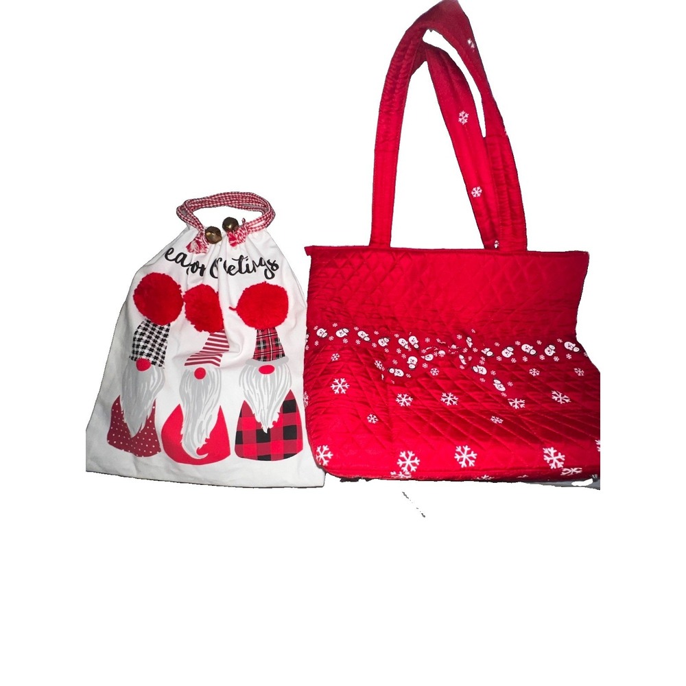 Christmas Winter Holiday Totes Snowman And‎ Gnomes Drawstring Zip Closure Red